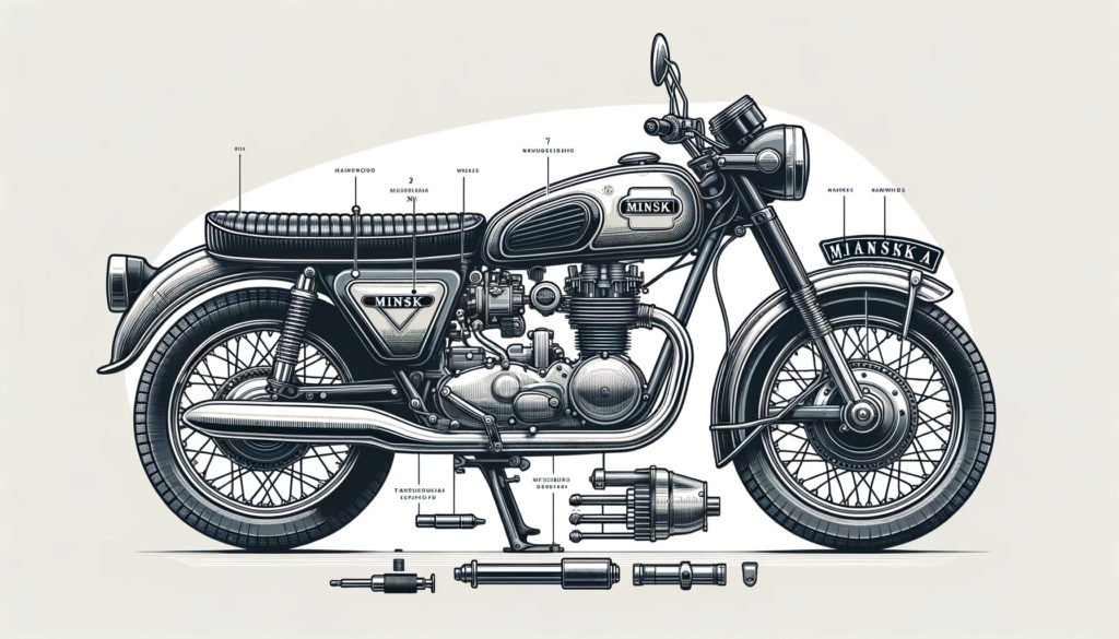 Detailed illustration of a Minsk motorcycle, showcasing its various parts and classic design.